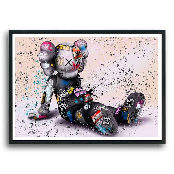 Graffiti estilo Hypebeast Kaws descarga imprimible, cartel de figura de salpicadura negra, arte de pared con impresión de graffiti, arte pop callejero, DESCARGA INSTANTÁNEA