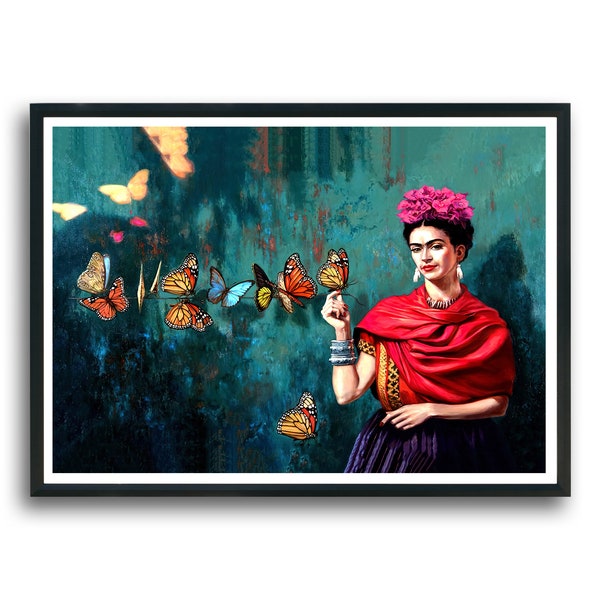 Frida con mariposas Descargas digitales Imagen Arte de pared imprimible, Frida Kahlo, Retrato de Frida, Frida pic, Arte descargable