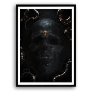 Black Skull And Golden Crucifix Digital Downloads Image Printable Wall Art, Gothic Theme, Dark Theme Wall Art, Downloadable Skull print