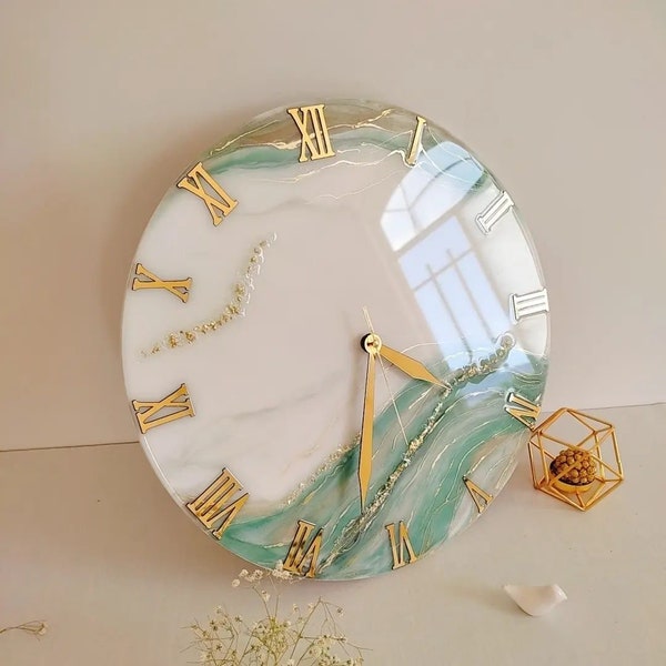 White And Green Marble Effect Resin Wall Clock | Custom Epoxy Wall Decor | Handmade Marble Theme | Home Decor | Gift for home |