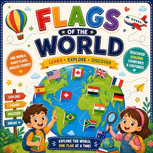 Può includere: Una copertina di libro colorata intitolata Flags of the World che mostra un globo con varie bandiere nazionali, una mongolfiera, un aereo e due bambini. Il testo recita Learn, Explore, Discover, One World, Many Flags, Endless Stories e Explore the World, One Flag at a Time.