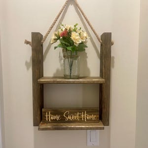 Rustic Dark Walnut Wall Shelf with Jute Rope