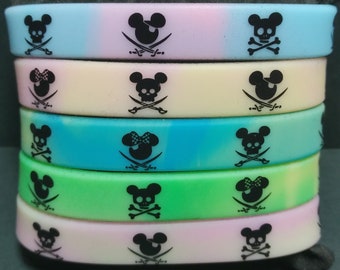 SBWD4 Mickey & Minnie Mouse Pirates  Silicone Bracelet Disney Inspired Glow in the Dark Printed Silicone Bracelet
