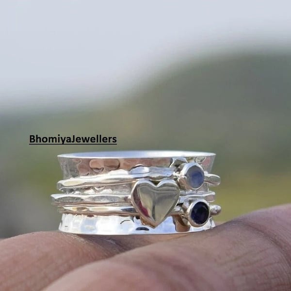 Moonstone & Amethyst Silver Spinning Ring, Heart Spinner Ring, 925 Sterling Silver Ring, Hammered Ring, Anxiety Ring, Worry Ring Fidget Ring