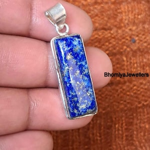 Handmade Rectangle Lapis Lazuli Pendant: 925 Sterling Silver, Boho Style