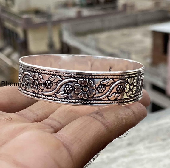 Floral Sterling Silver Bangle: Boho Leaf Design, 925