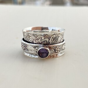 Amethyst Gemstone Spinner Ring: Sterling Silver Boho Statement Ring