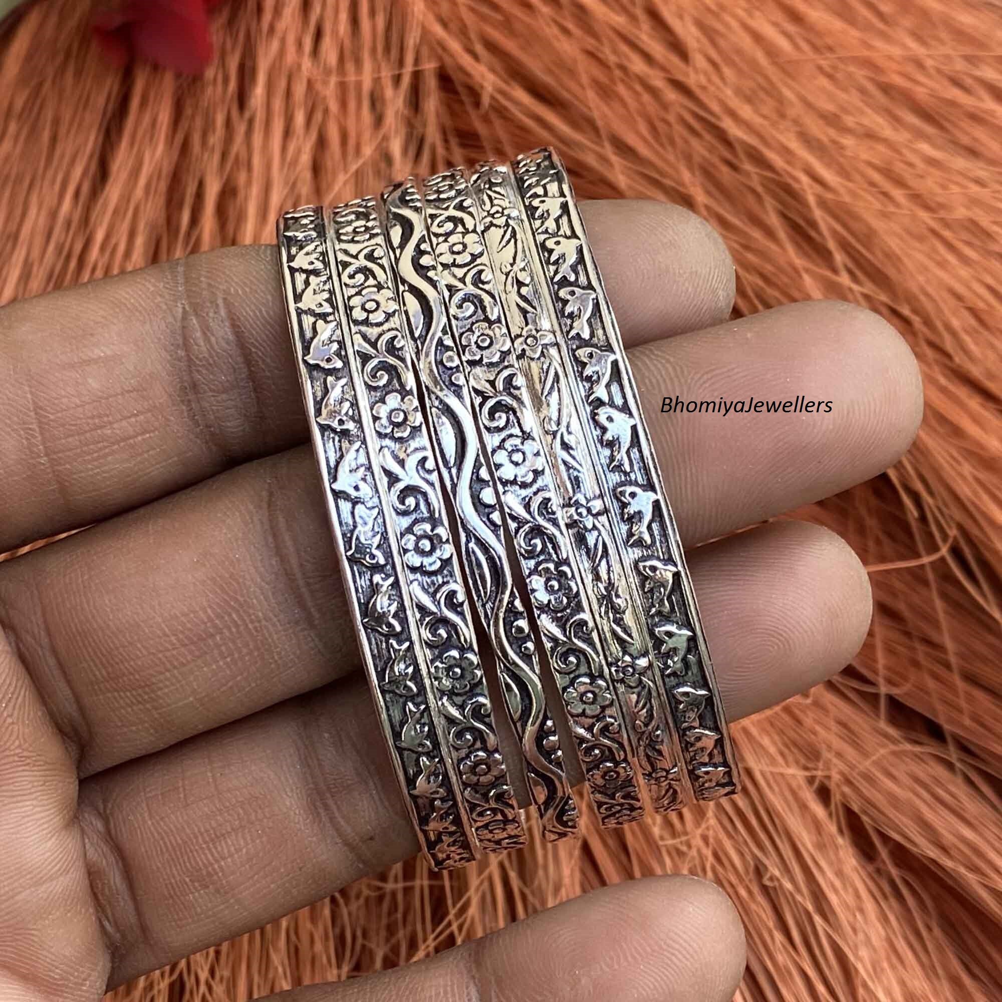 Sterling Silver Flower Bangle Set, Stackable Cuff Bracelets
