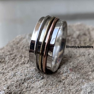 Sterling Silver Spinner Ring: Three-Tone Meditation, Anti-Anxiety