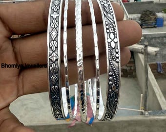 ハンドメイドスターリングシルバーフローラルバングルセット、調節可能