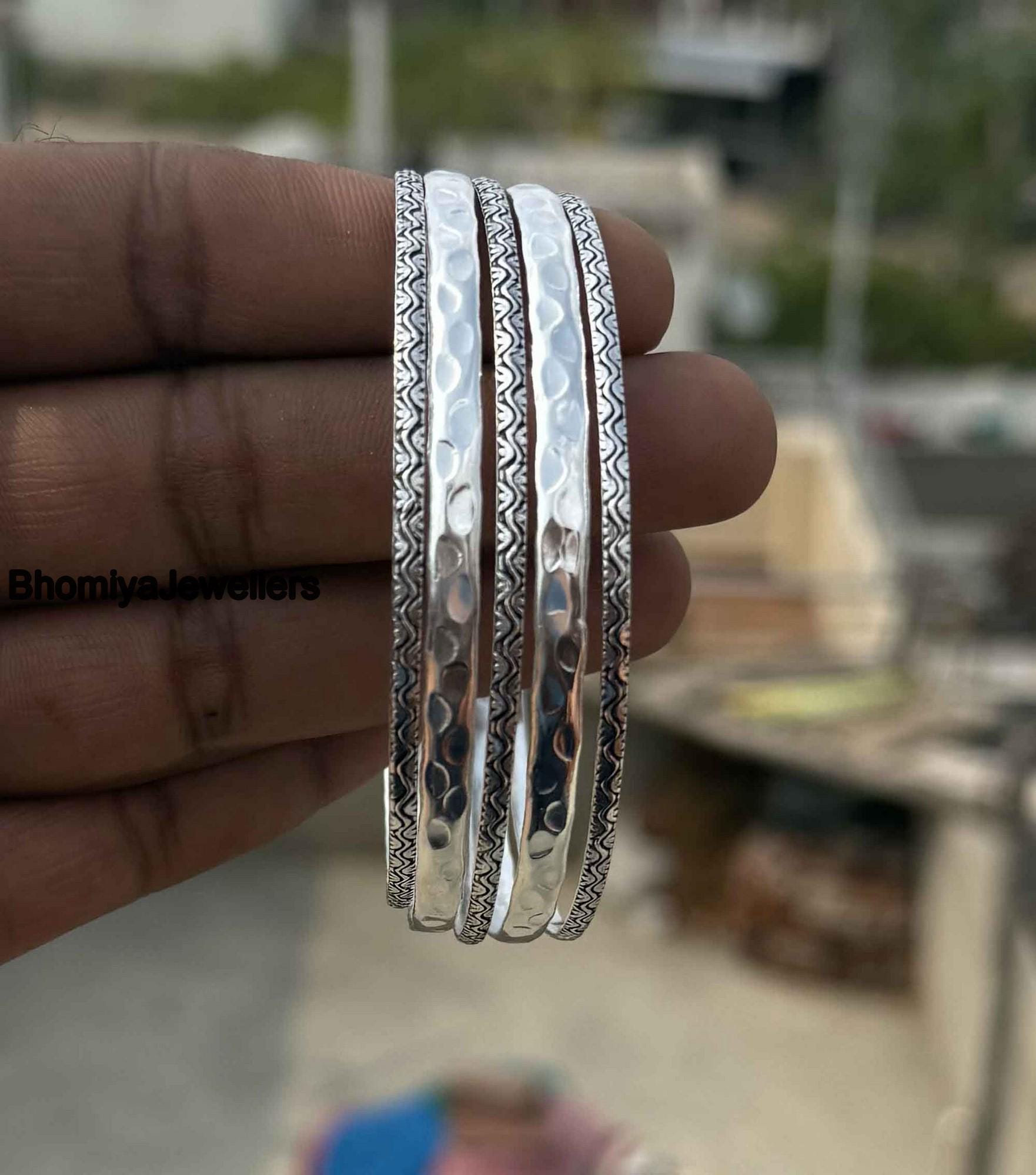 Set of 5 Sterling Silver Bangles, Boho Hippie Style, Handmade Cuff