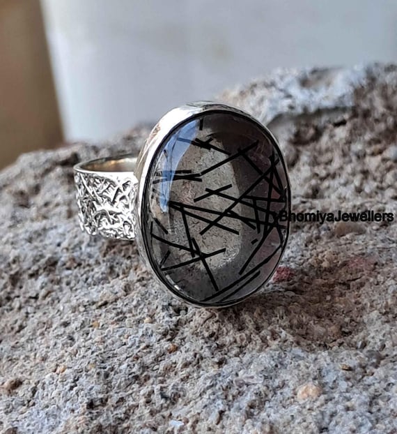 Rutile Quartz Gemstone Ring, Tourmaline Black Rutile Quartz Ring