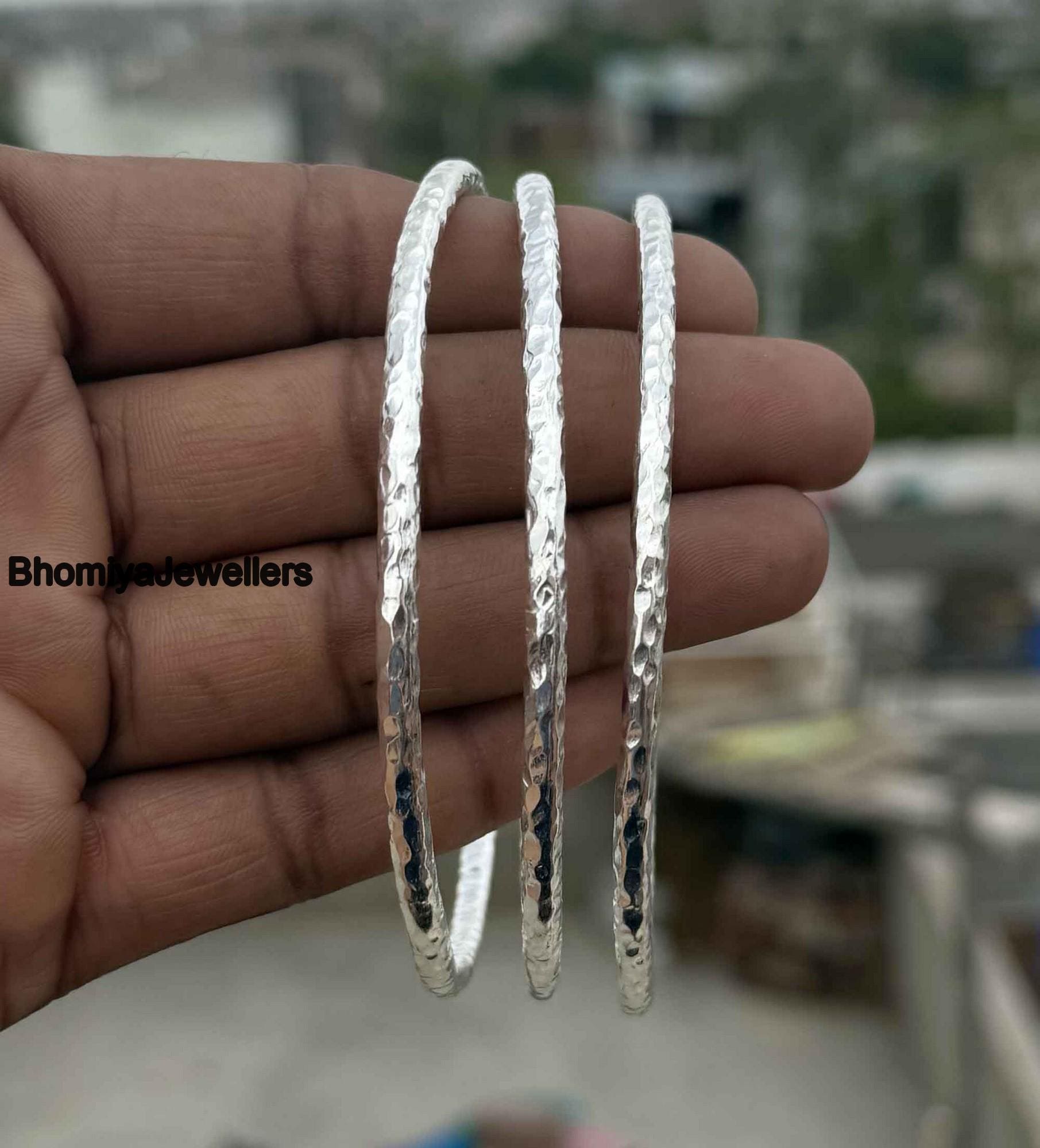 Three Set Sterling Silver Hammered Bangle, Boho Statement Cuff
