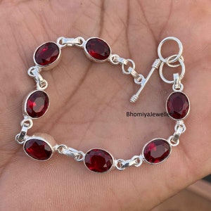Garnet Bracelet: Oval Red Gemstone, 925 Sterling Silver, Adjustable