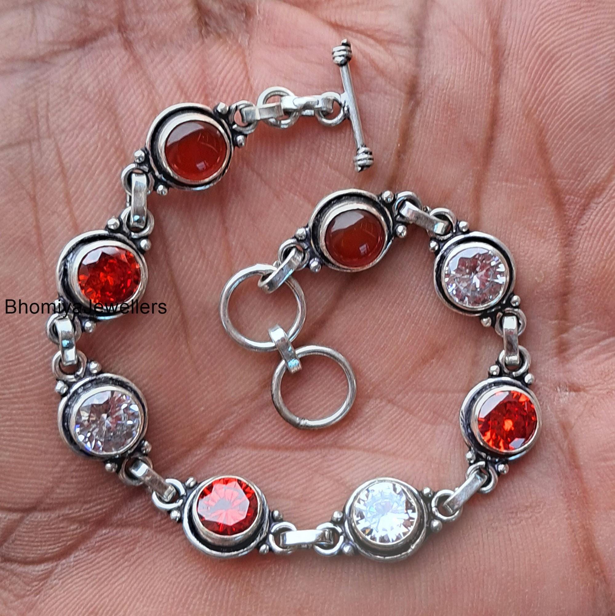 Garnet, Rose Quartz Carnelian Sterling Silver Bracelet: Handmade