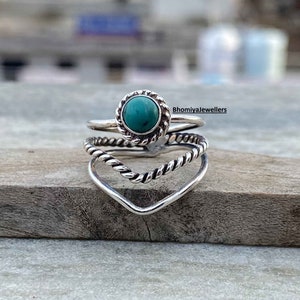 Bague en argent sterling 925 turquoise à chevrons : bague de pouce bohème