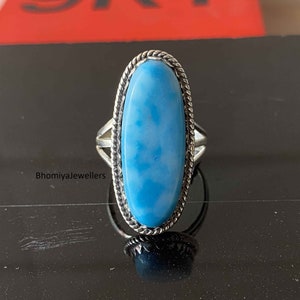 Larimar Ring: Oval Gemstone, Sterling Silver Band, Boho Jewelry