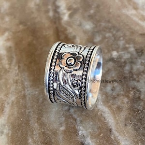 Flower Band Ring, 925 Sterling Silver Wide Band Ring, Silver Ring, Statement Ring, Thumb Ring, Wide Band Ring, Flower Design Ring, Gift Item