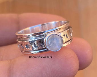 Sterling Silver Moonstone Spinner Ring: Boho Celestial Fidget Jewelry