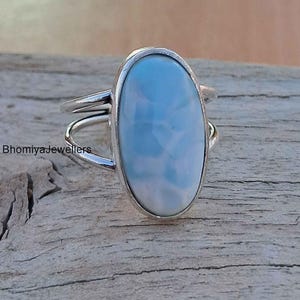 Larimar Ring: Sterling Silver Band, Boho Healing Stone Jewelry