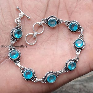 Blue Topaz Bracelet: 925 Sterling Silver, Adjustable Boho Jewelry
