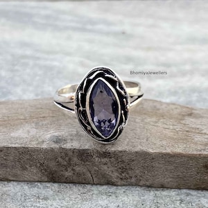 Marquise Amethyst Ring: Handmade 925 Sterling Silver, Boho Hippie Style