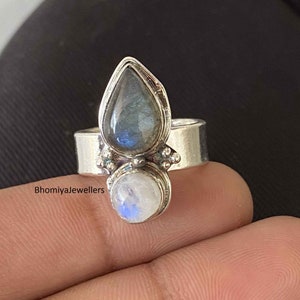 Moonstone and Labradorite Ring, 925 Sterling Silver Statement Promise Ring, Chunky Boho Ring for Women, Dual Gemstone Handmade Jewelry, Gift