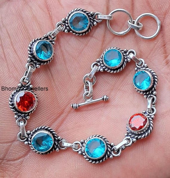 Blue Topaz Garnet Bracelet: Sterling Silver Handmade Jewelry