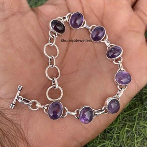Amethyst Charm Bracelet: 925 Sterling Silver, Adjustable Boho Jewelry