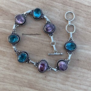Blue Topaz Amethyst Bracelet: Sterling Silver Cuff, Adjustable Gemstone