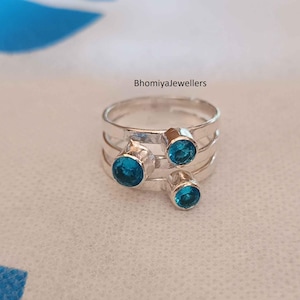 Blue Topaz Sterling Silver Ring: Handmade Three Stone Boho Ring