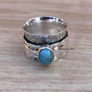 Larimar Sterling Silver Spinner Ring: Boho Meditation, Anxiety Relief