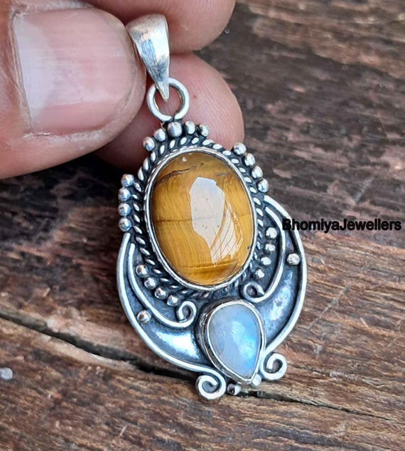Pendentif bijou en argent 925 fait main avec pierre précieuse oeil de
