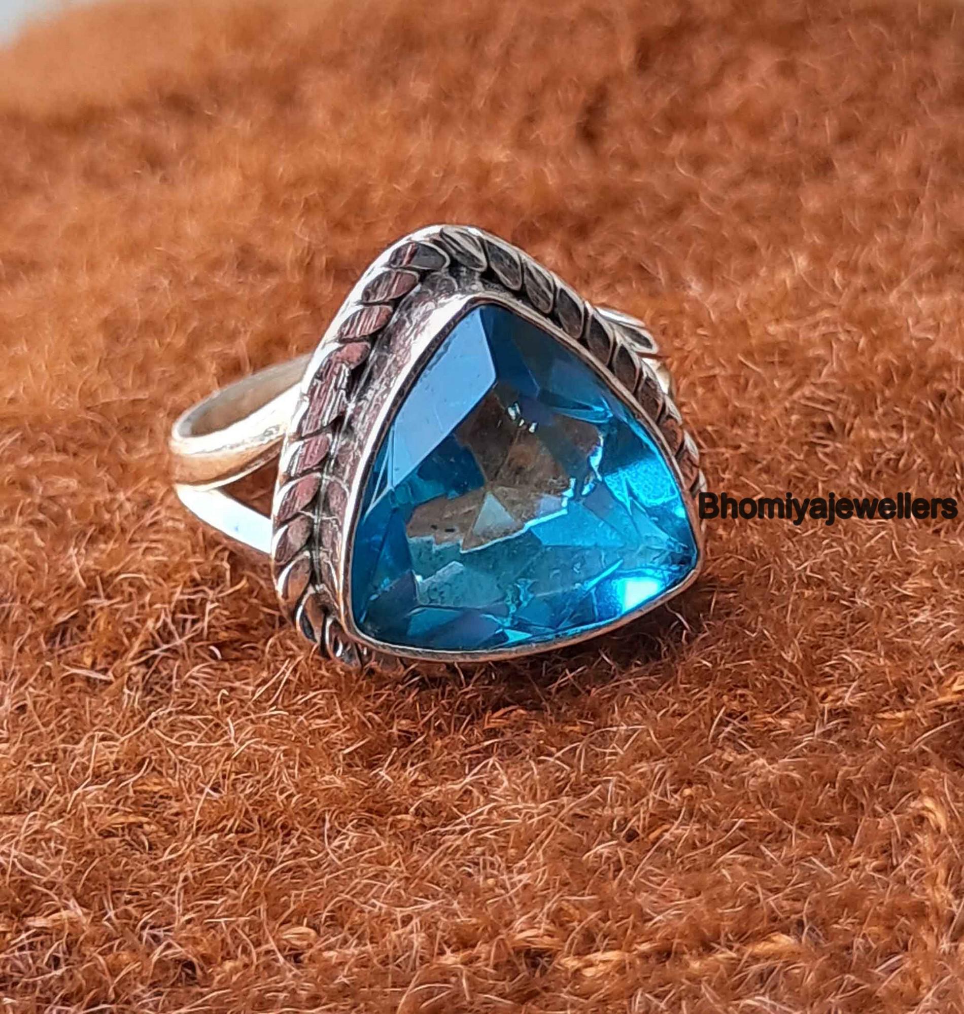 Triangle Blue Topaz Gemstone Ring, 925 Sterling Silver Ring