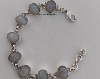 Rainbow Moonstone Bracelet: Handmade 925 Sterling Silver Oval Bracelet