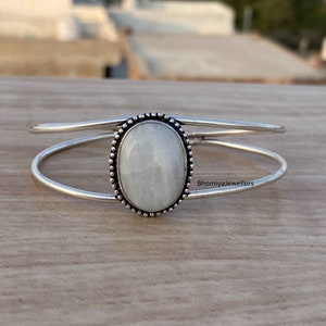 Rainbow Moonstone Cuff Bangle: Adjustable Sterling Silver Boho Bracelet