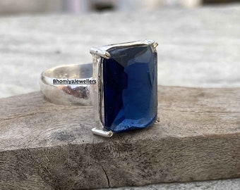 Blue Sapphire Ring Sterling Silver, Sapphire Engagement Ring, Rectangle Shape Ring, Promise Ring, Sapphire Birthstone Ring, Wedding Ring