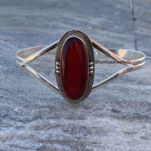 Handmade Garnet Sterling Silver Bangle - Boho Cuff Bracelet