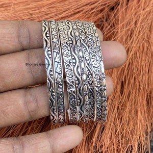Sterling Silver Flower Bangle Set - Boho Hippie Jewelry
