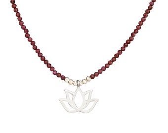 Handcrafted Silver Lotus Necklace with Garnet Stone Design, Dainty Garnet Stone Silver Lotus Necklace
