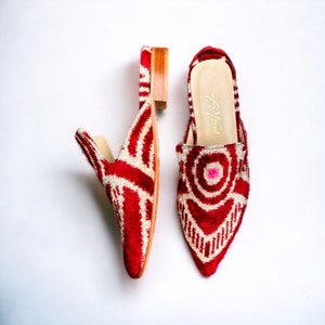 Red Velvet Slipper, Winter Leather Slipper, Short Heel Slipper, Red Slipper, Velvet Mule, Textile Slipper, Turkish Slipper, Pointed Mule