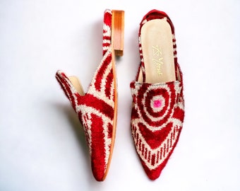 Red Velvet Slipper, Winter Leather Slipper, Short Heel Slipper, Red Slipper, Velvet Mule, Textile Slipper, Turkish Slipper, Pointed Mule