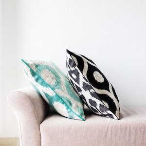 Velvet Blue Pillow Case, Silk Pillow Case, Piped Edge Pillow, Throw Pillow, Bohemian Pillow, Decorative Pillow, Ikat Cushion, Luxury Pillow