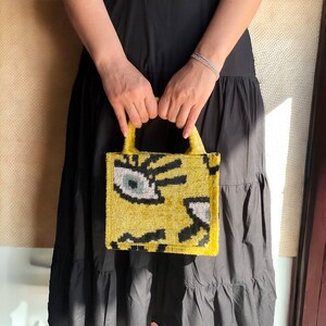 Gelbe kleine Handtasche, Canvas-Handtasche, Mini-Samt-Einkaufstasche, einzigartige Liebesgeschenke, Mini-Handtasche, Geschenk für Freundin, Ikat-Samttasche