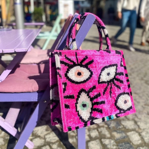 Canvas Shoulder Bag, Eye Pattern Pink Tote Bag, Unique Love Gifts, Pink School Bag, Mini Hand Bag, Gift for Girlfriend, Ikat Velvet Bag