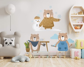 Vinilo decorativo de pared con osos haciendo tareas, papel pintado removible para la habitación infantil, adhesivo de pared fácil de pegar