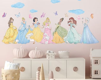 プリンセスの壁紙、ディズニープリンセス、女の子用ウォールデカール、ビニール製プリンセス装飾、保育園用、取り外し可能なディズニープリンセスウォールアート、女の子の寝室用
