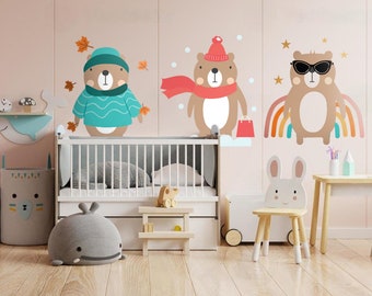 Bear's different season outfit wall decal removable wall sticker for kids wallpaper bear's fashion in different season