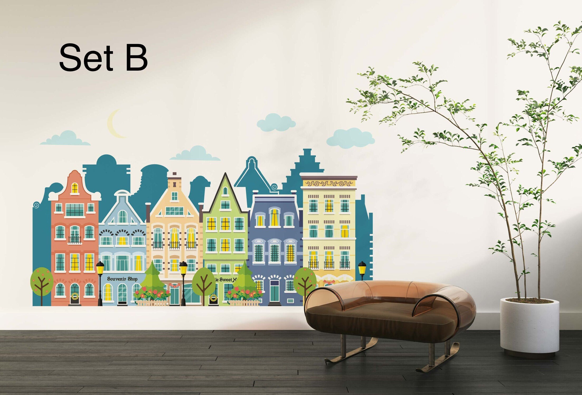 European Buildings Wall Decal for Kids Old Town Wall Sticker Nursery ...