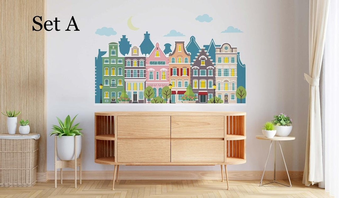 European Buildings Wall Decal for Kids Old Town Wall Sticker Nursery ...